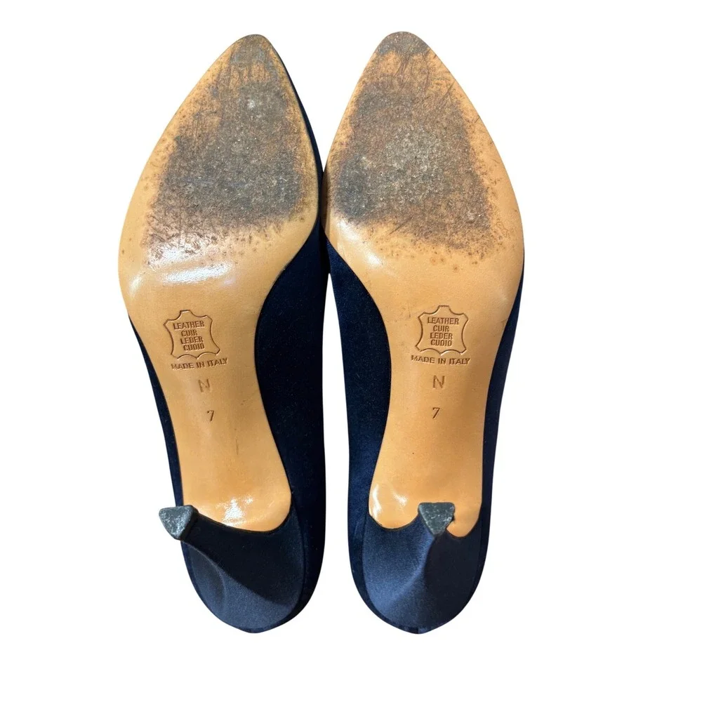 Yves Saint Laurent Vintage Navy Blue Satin Pointed Toe‎ Pumps Stiletto Heels 7N